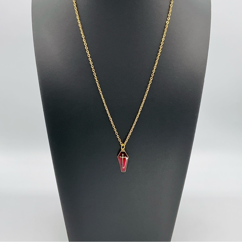 Coffin Necklace Blood Red Goth Charm Pendant Gold Tone Halloween Vampire Jewelry